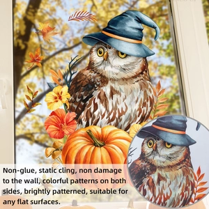 Detail of owl and pumpkin static window decals showing double-sided floral patterns