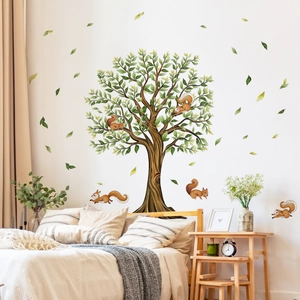 Creative forest wall decals with tree and squirrels in watercolor style for bedroom decor