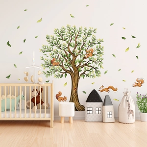 Creative tree and squirrel wall decals for kids' room with watercolor natural forest design