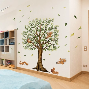 Creative squirrel and large tree wall stickers for cozy bedroom interior decoration