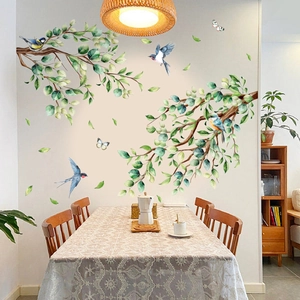 Watercolor wall decals with tree branches, birds, and butterflies for home wall decor