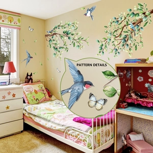 Watercolor cartoon wall stickers with birds, butterflies and green branches for home decor