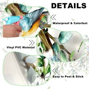 Detail of waterproof Vinyl PVC wall sticker featuring green leaves and bird pattern