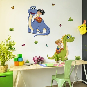 Cartoon dinosaur wall decals featuring children riding colorful long-neck dinosaurs