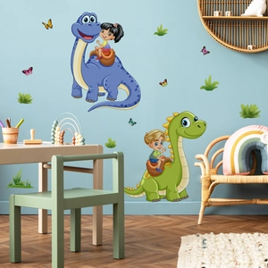 Cartoon dinosaur wall decals featuring children and colorful grass for nursery decor
