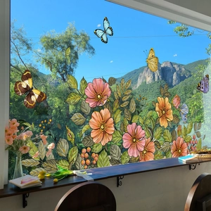 Pink floral and butterfly static window stickers for home glass door decoration