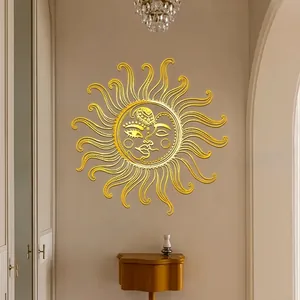 Golden sun and moon wall sticker set with metallic rays for modern home decoration