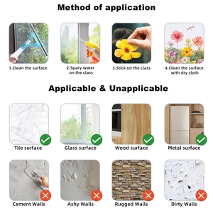 Installation guide and surface compatibility chart for floral static window stickers