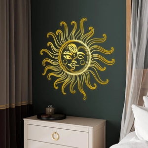 Bohemian gold sun and moon wall decal with hand-drawn lines on a dark green bedroom wall