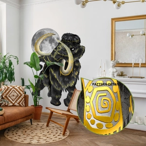 Modern mammoth and moon wall decal with golden tribal patterns for living room decor