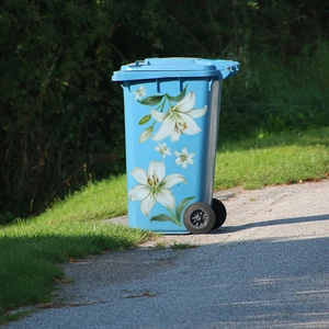 Waterproof white lily floral decal for outdoor trash bin decoration on blue container