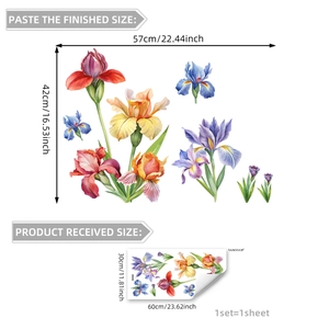 Self-adhesive PVC wall stickers with watercolor iris flowers and leaves for home decor
