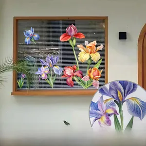 Detail of iris flower watercolor stickers with adhesive backing on window glass