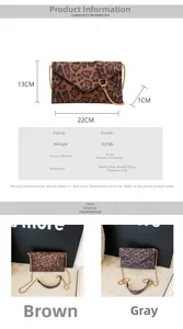 Leopard print envelope bag details with size chart and suede fabric specifications