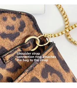 Detail of light gold chain strap connection with ring buckle on leopard print envelope bag