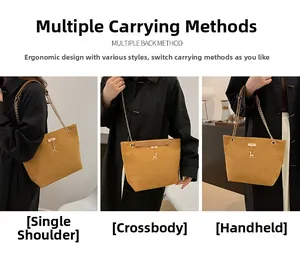 Brown suede tote bag details showing metal deer pendant and three versatile carrying styles