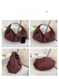 Detailed views of dark brown suede hobo bag with zipper closure and large capacity