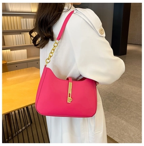 Elegant pink crescent shoulder bag with metallic chain, chic minimalist hobo handbag for women