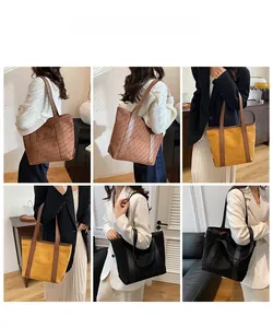 Collage of chic suede tote bags in brown and black shown on a model for daily use