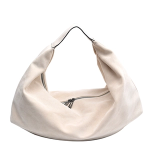 Minimalist beige suede tote bag with large capacity and stylish double zipper detail