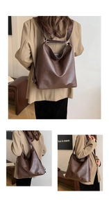Three-way view of large dark brown retro tote bag showing shoulder and crossbody styling