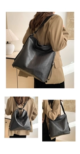Detail view of black multi-way tote bag showing crossbody and backpack styling options