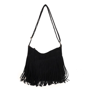 Retro black faux suede tote bag with fringe tassels and adjustable shoulder strap
