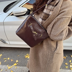 Retro dark brown leather bucket bag with metal buckle shown in a crisp autumn setting