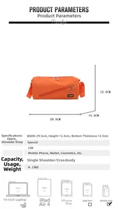 Guide des tailles pour sac bandoulière orange en nylon montrant dimensions et détails