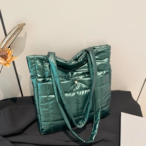 Quilted Tote Bag For Women Shiny Metallic Padded Underarm Shoulder Bag Large Capacity Solid Color Casual Winter