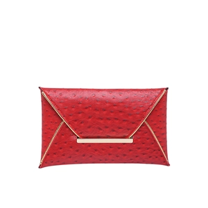 Elegant red ostrich embossed leather envelope clutch bag with gold metal buckle closure