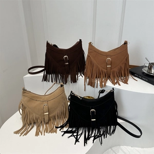 Women Vintage Tassel Shoulder Bag PU Suede Texture Underarm Crossbody Bag Bohemian Style Handbag For Daily Commuting Office