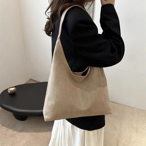 Minimalist beige suede tote bag for women with smooth leather trim and large capacity