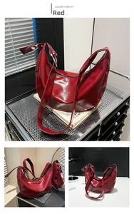 Detailed views of a large red shiny faux leather hobo bag with adjustable silver buckle