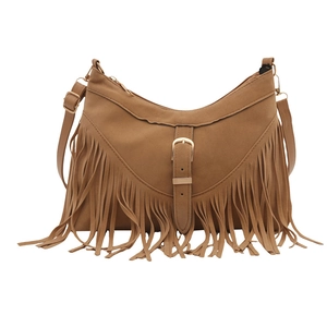 Brown faux suede tassel crossbody bag with vintage fringe and golden hardware detail