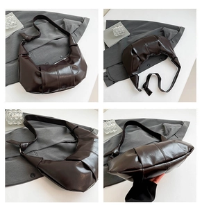 Detailed views of a coffee brown pleated hobo bag with unique knotted strap from four angles