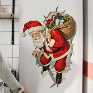 3D Christmas Santa Claus wall sticker with realistic broken wall effect on white fridge