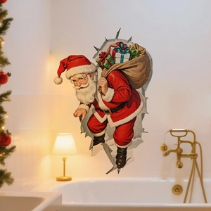 3D Christmas Santa Claus wall sticker with gift bag on a white bathroom wall decor