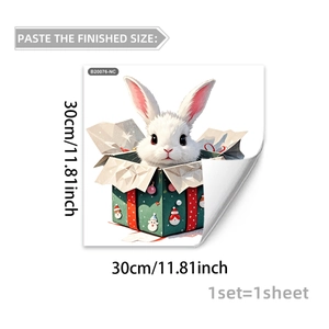 Detailed view of Christmas wall sticker with white rabbit in gift box, 30x30cm size info