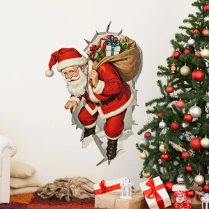 3D Christmas Santa Claus wall sticker with gift bag breaking through a white festive wall