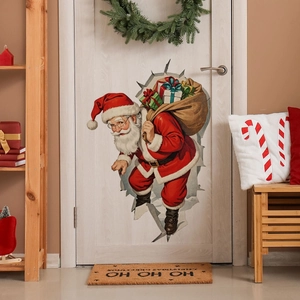 3D visual Santa Claus door sticker with gift sack on white wooden door background