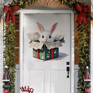 Cute bunny in Christmas gift box PVC wall sticker for festive home door decoration