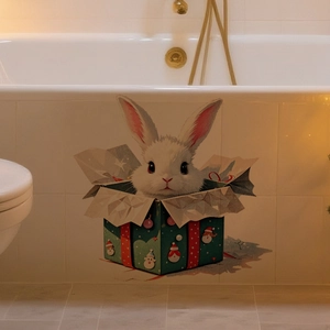 Cute bunny in Christmas gift box PVC wall sticker applied on white bathroom tiles