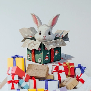 Macro view of 3D Christmas bunny wall sticker emerging from a festive gift box
