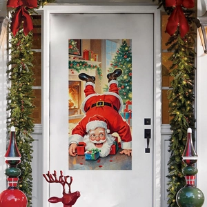 Vivid Christmas door banner featuring a funny upside-down Santa and festive fireplace scene