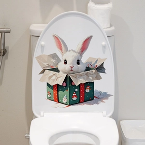 Detail of Christmas toilet sticker with cute white rabbit in green gift box