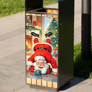Outdoor black metal trash bin featuring festive Santa and Christmas tree panel art