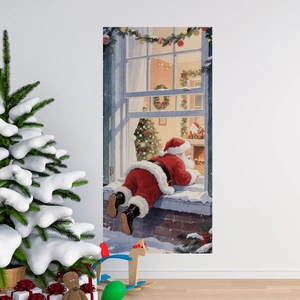 Christmas wall sticker showing Santa Claus peering through a window by a tree