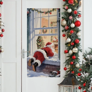 Festive Christmas Santa Claus window view door sticker with wreath and lantern decoration