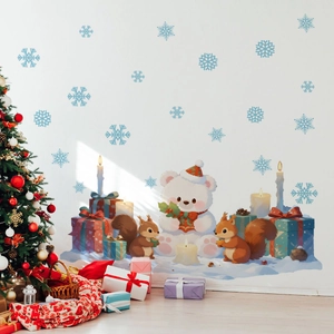 Christmas wall stickers featuring cute cartoon animals and festive snowflakes for home decor